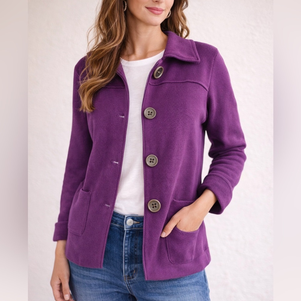 Classic Cotton Cardigan Sweater Purple Button Front Lightweight XS
